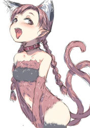 Rule 34 | 1girl, :o, :p, alternate costume, animal ears, blush, braid, cat ears, cat tail, choker, clothing cutout, collarbone, colorized, cowboy shot, fangs, gloves, hair ornament, hip focus, kaenbyou rin, leotard, long hair, looking at viewer, multiple tails, mutsutsu, navel, navel cutout, nekomata, open mouth, pointy ears, red eyes, red hair, simple background, sketch, solo, strapless, tail, tongue, tongue out, touhou, twin braids, two tails, white background