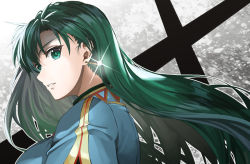 Rule 34 | 1girl, alternate hairstyle, blue dress, clenched teeth, commentary, delsaber, dress, earrings, fire emblem, fire emblem: the blazing blade, floating hair, glint, green eyes, green hair, hair down, jewelry, long hair, looking at viewer, looking back, lyn (fire emblem), nintendo, parted lips, patterned background, solo, teeth, upper body