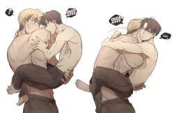 ... 2boys ? amputee biting black_pants blonde_hair brown_hair closed_mouth commentary_request erwin_smith eye_contact ggkss_90 hand_on_another&#039;s_arm hand_on_another&#039;s_neck hand_on_another&#039;s_waist highres korean_commentary korean_text leg_lock levi_(shingeki_no_kyojin) looking_at_another male_focus missing_limb multicolored_hair multiple_boys one_eye_closed open_mouth pants sequential shingeki_no_kyojin sideburns speech_bubble spoken_ellipsis spoken_question_mark thick_eyebrows toned toned_male topless_male two-tone_hair yaoi