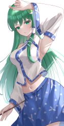 Rule 34 | 1girl, absurdres, anima miko, arm up, armpits, bare shoulders, blue skirt, blush, breasts, collared shirt, commentary request, crop top, detached sleeves, frog hair ornament, green eyes, green hair, hair ornament, highres, kochiya sanae, long hair, looking at viewer, medium breasts, medium skirt, midriff, navel, nontraditional miko, parted lips, print skirt, shirt, skirt, snake hair ornament, solo, touhou, very long hair, white shirt, wide sleeves