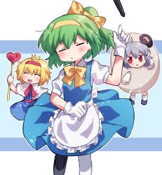 Rule 34 | 3girls, :d, alice margatroid, alternate costume, animal ears, apron, blonde hair, blue dress, blush, bow, bowtie, capelet, chibi, closed eyes, closed mouth, cookie (touhou), crown, daiyousei, diyusi (cookie), dress, egg costume, enmaided, full body, gloves, green hair, grey hair, hair between eyes, hair bow, hairband, heart, holding, holding staff, ichigo (cookie), looking at viewer, maid, medium hair, mouse ears, multiple girls, nazrin, nyon (cookie), open mouth, pinafore dress, pink sash, red eyes, red hairband, sash, short hair, short sleeves, sleeveless dress, smile, socks, staff, striped, striped background, touhou, traffic baton, waist apron, white apron, white background, white capelet, white gloves, white legwear, xox xxxxxx, yellow bow, yellow hairband, yellow neckwear, |d