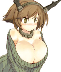 Rule 34 | 1girl, blush, breasts, brown eyes, brown hair, cleavage, closed mouth, green sweater, headgear, huge breasts, kantai collection, looking away, mutsu (kancolle), sakaki (noi-gren), short hair, simple background, solo, sweater, upper body, wavy mouth, white background