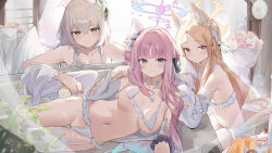 Rule 34 | 3girls, absurdres, angel wings, animal ears, blonde hair, blue archive, bra, breasts, brown eyes, cake, cake slice, collarbone, commentary, covered erect nipples, detached sleeves, english commentary, feathered wings, flat chest, flower, food, fox ears, hair bun, hair flower, hair ornament, halo, highres, jsscj, large breasts, light brown hair, lingerie, long hair, looking at viewer, mika (blue archive), multiple girls, nagisa (blue archive), panties, pink hair, pink halo, purple flower, seia (blue archive), single side bun, single thighhigh, swiss roll, tea party (blue archive), thighhighs, underwear, white bra, white panties, white sleeves, white thighhighs, white wings, wings, yellow eyes, yellow halo
