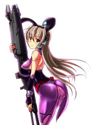 Rule 34 | 1girl, android, animal ears, ass, bare shoulders, blush, breasts, brown hair, from behind, fujikusa, gun, highres, large breasts, leaning, leaning forward, long hair, looking at viewer, original, pantyhose, purple eyes, rabbit ears, robot, shiny clothes, shiny skin, sideboob, simple background, smile, solo, weapon, white background