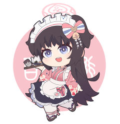 Rule 34 | 1girl, :d, apron, bell, black footwear, black hair, black skirt, blue archive, blue eyes, bow, chibi, commentary request, cup, frilled apron, frilled skirt, frills, full body, hair bow, halo, hand up, holding, holding tray, japanese clothes, jingle bell, kimono, long hair, long sleeves, maid, maid headdress, nyaru (nyaru 4126), open mouth, outside border, pantyhose, pink background, pink bow, pink kimono, round image, sandals, shizuko (blue archive), skirt, sleeves past wrists, smile, solo, standing, standing on one leg, star (symbol), teapot, teeth, text background, translation request, tray, two-tone background, two side up, upper teeth only, very long hair, wa maid, white apron, white background, white pantyhose, wide sleeves, yunomi, zouri