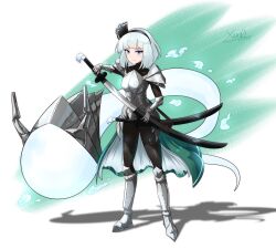 Rule 34 | 1girl, absurdres, alternate costume, armor, black hairband, closed mouth, commentary, commission, dated, english commentary, full body, gloves, green background, green eyes, green skirt, grey hair, hairband, helmet, highres, holding, holding sword, holding weapon, konpaku youmu, konpaku youmu (ghost), short hair, signature, skirt, solo, standing, sword, touhou, weapon, xen0moonz