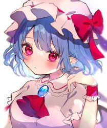 Rule 34 | 1girl, :/, blue hair, blurry, blush, bow, breasts, brooch, chikuwa (tikuwaumai ), closed mouth, commentary request, depth of field, dress, expressionless, hand up, hat, hat bow, highres, jewelry, looking at viewer, medium breasts, mob cap, pink dress, pink eyes, pink hat, pointy ears, puffy short sleeves, puffy sleeves, red bow, red neckwear, remilia scarlet, short hair, short sleeves, simple background, solo, touhou, upper body, white background, wrist cuffs