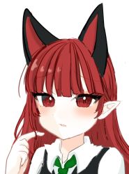 Rule 34 | 1girl, alternate costume, alternate hairstyle, animal ears, aoringo orin, black vest, blunt bangs, blush, cat ears, extra ears, furrowed brow, green necktie, hair down, twirling hair, hand up, kaenbyou rin, long hair, looking at viewer, necktie, parted lips, pointy ears, portrait, red eyes, red hair, shirt, simple background, solo, touhou, vest, white background, white shirt, wing collar
