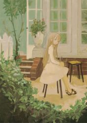 Rule 34 | 1girl, absurdres, blonde hair, blue eyes, bottle, bush, chisato charme, closed mouth, commentary request, day, dress, from side, greenhouse, hands on lap, highres, holding, holding bottle, juliet sleeves, long hair, long sleeves, looking at viewer, looking to the side, milk bottle, on stool, open door, original, outdoors, plant, potted plant, puffy sleeves, sandals, sapling, sidelocks, sitting, smile, solo, stool, wedge heels, white dress, wide shot