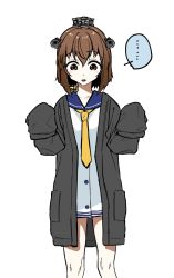 Rule 34 | ..., 1girl, black cardigan, blue sailor collar, brown eyes, brown hair, cardigan, dress, feet out of frame, headgear, headset, highres, kantai collection, looking down, neckerchief, oversized clothes, sailor collar, sailor dress, shide kouri, short hair, simple background, sleeves past fingers, sleeves past wrists, solo, speaking tube headset, spoken ellipsis, white background, yellow neckerchief, yukikaze (kancolle)