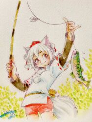 Rule 34 | 1girl, animal ears, arm up, basket, blush, breasts, detached sleeves, fish, fishing, fishing rod, hat, highres, holding, holding fishing rod, inubashiri momiji, looking to the side, medium breasts, pom pom (clothes), q-bee (aaru), red eyes, ribbon trim, short hair, shorts, smile, solo, tail, tokin hat, touhou, traditional media, white hair, wolf ears, wolf tail