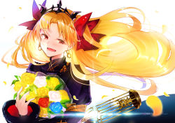 Rule 34 | 1girl, absurdres, blonde hair, bouquet, bow, cage, earrings, ereshkigal (fate), ereshkigal (third ascension) (fate), fate/grand order, fate (series), felnemo, flower, hair bow, highres, jewelry, long hair, petals, red eyes, smile, solo, tiara, twintails, white background