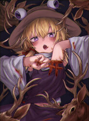 Rule 34 | 1girl, absurdres, animal, blonde hair, blood, blood on clothes, blood on face, blood on hands, brown hat, deer, hair between eyes, hair ribbon, hat, highres, long hair, long sleeves, moriya suwako, neritch, open mouth, purple eyes, purple skirt, purple vest, red ribbon, ribbon, ringed eyes, shirt, skirt, solo, tongue, tongue out, touhou, tress ribbon, upper body, vest, white shirt, wide sleeves