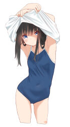 Rule 34 | 1girl, armpits, arms up, black hair, blue eyes, blue one-piece swimsuit, breasts, clothes lift, clothes pull, covered navel, cropped legs, expressionless, highres, long hair, no pants, one-piece swimsuit, original, pulling own clothes, retsumaru, school swimsuit, shirt, shirt lift, shirt pull, simple background, small breasts, solo, standing, swimsuit, swimsuit under clothes, thighs, undressing, white background, white shirt