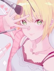 Rule 34 | 1st-mn, arm up, black bra, blonde hair, blush, bra, camisole, closed mouth, collarbone, cosmetics, green eyes, heart, heart necklace, highres, idolmaster, idolmaster cinderella girls, jewelry, lips, lipstick tube, long sleeves, looking at viewer, makeup brush, miyamoto frederica, monotiina, necklace, off shoulder, pendant, pink sweater, short hair, single bare shoulder, sleeves past wrists, solo, spaghetti strap, spread fingers, sweater, underwear, upper body