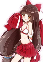 Rule 34 | 1girl, :d, adapted costume, animal ears, arm behind back, azur lane, bare legs, bare shoulders, bikini, bikini top only, blunt bangs, blush, bow, breasts, brown eyes, brown hair, cheerleader, cleavage, collarbone, commentary request, cowboy shot, detached sleeves, hair bow, hair intakes, hakama, hakama short skirt, hakama skirt, hand up, harutsuki (azur lane), hestia (neko itachi), holding, holding pom poms, japanese clothes, long hair, looking at viewer, low-tied long hair, medium breasts, midriff, miniskirt, navel, open mouth, outline, pom pom (cheerleading), pom poms, red bow, red skirt, ribbon, sidelocks, simple background, skirt, smile, solo, standing, swimsuit, very long hair, white background, white bikini, white sleeves