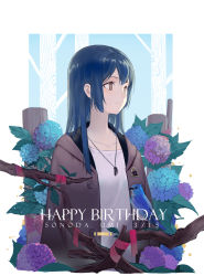 Rule 34 | 10s, 1girl, bird, blue hair, bluebird, branch, brown eyes, character name, commentary, dated, flower, happy birthday, highres, huanxiang heitu, hydrangea, jacket, jewelry, long hair, love live!, love live! school idol festival, love live! school idol project, pendant, red ribbon, ribbon, solo, sonoda umi, upper body