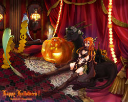 Rule 34 | 1girl, black cat, braid, candle, cape, cat, ghost, halloween, happy halloween, horns, jack-o&#039;-lantern, karakuri chouchou, koaki, original, pumpkin, solo, thighhighs