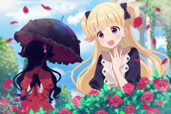 Rule 34 | 2girls, black skin, blonde hair, blue bow, blue dress, blue eyes, blunt bangs, bow, bush, colored skin, commentary request, day, dress, emilico (shadows house), falling petals, flower, frilled umbrella, frills, hair bow, hair flower, hair ornament, hand up, holding, holding umbrella, kate (shadows house), long sleeves, mohemohemincho, multiple girls, open mouth, outdoors, parasol, petals, red dress, red flower, red rose, rose, rose bush, rose petals, shadow (shadows house), shadows house, smile, sunlight, two side up, umbrella, upper body