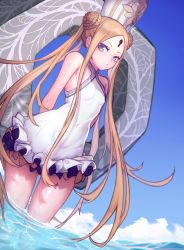 Rule 34 | 1girl, :&lt;, abigail williams (fate), abigail williams (swimsuit foreigner) (fate), abigail williams (swimsuit foreigner) (second ascension) (fate), arms behind back, bare shoulders, blue eyes, blue sky, blush, braid, breasts, casual one-piece swimsuit, closed mouth, cloud, commentary request, day, double bun, facial mark, fate/grand order, fate (series), forehead mark, frilled swimsuit, frills, hair bun, hat, highres, hokaru, innertube, keyhole, long hair, looking at viewer, mitre, one-piece swimsuit, outdoors, quad tails, sky, small breasts, solo, swim ring, swimsuit, thighs, very long hair, wading, water, white hat, white one-piece swimsuit