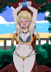 Rule 34 | 1girl, absurdres, beach, bound, closed eyes, flower, hachimiya meguru, hair flower, hair ornament, highres, idolmaster, idolmaster shiny colors, jewelry, laughing, navel, necklace, open mouth, stardustseven21, swimsuit, thighs, tickling, tickling armpits, tickling legs, tickling sides
