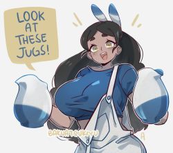 Rule 34 | 1girl, artist name, bakuatsukiyu, black hair, blue shirt, breasts, crop top, dark-skinned female, dark skin, english text, jug (bottle), large breasts, long hair, looking at viewer, mole, mole under eye, open mouth, original, outline, overalls, shirt, short sleeves, simple background, smile, solo, speech bubble, upper body, white background, white outline, white overalls, yellow eyes
