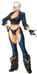 Rule 34 | 1girl, angel (kof), black gloves, black jacket, black panties, blue eyes, boots, breasts, chaps, cleavage, collarbone, cowboy boots, cropped jacket, female focus, full body, gloves, hair over one eye, highres, jacket, large breasts, leather, leather jacket, looking at viewer, midriff, navel, official art, ogura eisuke, panties, parted lips, revealing clothes, short hair, sidelocks, simple background, smile, snk, solo, standing, stomach, teeth, the king of fighters, the king of fighters xiv, thighs, underwear, white background, white hair