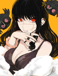 Rule 34 | 1girl, bare shoulders, bird, black dress, black hair, black nails, bracelet, breasts, chainsaw man, cleavage, commentary, dress, earrings, feather boa, grin, highres, jewelry, long hair, looking at viewer, medium breasts, multiple rings, nail polish, parted lips, red eyes, ring, ringed eyes, sailen0, scar, scar on face, simple background, smile, solo, stud earrings, upper body, war devil (chainsaw man), yellow background, yoru (chainsaw man)