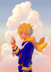 Rule 34 | 1boy, absurdres, all might, arm at side, bakugou katsuki, belt, blonde hair, blue sky, boku no hero academia, card, character hood, closed mouth, cloud, cloudy sky, coaco rami, commentary request, cumulonimbus cloud, eyes visible through hair, floating clothes, floating hair, from side, gradient sky, grey sky, hand up, highres, holding, holding card, hood, hood down, korean commentary, long sleeves, male focus, onesie, orange sky, profile, red eyes, short hair, sky, sky, solo, spiked hair, spoilers, trading card, twitter username, upper body, wind