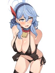 Rule 34 | 1girl, absurdres, ako (blue archive), arms under breasts, bell, bikini, black gloves, black thighhighs, blue archive, blue bikini, blue eyes, blue hair, blue hairband, blush, breasts, contrapposto, cowbell, crossed arms, earrings, elbow gloves, gloves, hairband, halo, highres, jewelry, large breasts, micro bikini, navel, neck bell, open mouth, seihekiog, side-tie bikini bottom, simple background, skindentation, solo, stomach, stud earrings, swimsuit, thighhighs, white background
