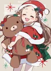 Rule 34 | 1girl, :d, aoba kokona, back bow, bow, braid, braided bangs, brown hair, capelet, christmas, closed eyes, commentary, cowboy shot, dress, facing viewer, fur-trimmed capelet, fur-trimmed dress, fur trim, green bow, hat, holding, holding stuffed toy, long hair, open mouth, oversized object, red capelet, red hat, santa dress, santa hat, satou asuka, short dress, smile, solo, sparkle, standing, stuffed animal, stuffed toy, teddy bear, twitter username, yama no susume