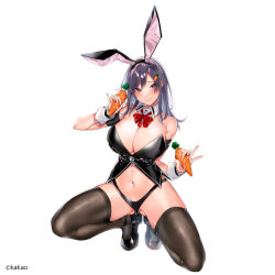 Rule 34 | 1girl, animal ears, artist request, black hair, blush, breasts, carrot, carrot hair ornament, fake animal ears, food-themed hair ornament, full body, hair ornament, large breasts, leotard, long hair, navel, original, playboy bunny, purple eyes, rabbit ears, ribbon, shoes, smile, source request, squatting, suggestive fluid, thighhighs, v, white background