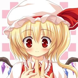 Rule 34 | 1girl, blonde hair, blush, female focus, flandre scarlet, hat, one side up, red eyes, short hair, side ponytail, solo, touhou, wings, yamasan