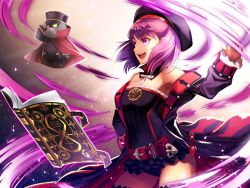 Rule 34 | 1girl, bare shoulders, belt, book, commentary request, fate/grand order, fate (series), flat chest, helena blavatsky (fate), helena blavatsky (third ascension) (fate), jacket, nirai kanai, open book, open clothes, open jacket, open mouth, purple eyes, purple hair, sefirot, short hair, smile, solo, strapless, thighhighs