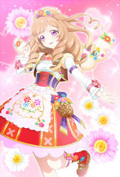 Rule 34 | 10s, 1girl, aikatsu!, aikatsu! (series), apron, blush, boots, crown, female focus, flower, gradient background, himesato maria, knee boots, long hair, looking at viewer, plant, purple eyes, ringlets, simple background, solo, sparkle, standing, white flower, wings