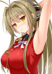 Rule 34 | 10s, 1girl, :&lt;, aiguillette, aldehyde, amagi brilliant park, antenna hair, arm behind head, arm up, armpits, blush, breasts, brown hair, hair between eyes, hair intakes, kyoto animation, large breasts, long hair, looking at viewer, ponytail, sento isuzu, simple background, sleeveless, solo, sweat, upper body, white background, yellow eyes