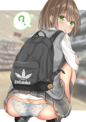 Rule 34 | 1girl, ?, accidental exposure, adidas, ass, backpack, bag, bag charm, black background, black footwear, black skirt, black socks, blurry, blurry background, blush, bob cut, brand name imitation, brown hair, charm (object), clothes lift, commentary request, crossed arms, dress shirt, green eyes, grey panties, grey skirt, grey sweater vest, hair between eyes, highres, indoors, kneehighs, lace, lace-trimmed panties, lace trim, letterboxed, loafers, logo, long sleeves, looking at viewer, miniskirt, mole, mole on thigh, mole under eye, open mouth, original, outside border, panties, panty tag, pleated skirt, polka dot, polka dot panties, school uniform, shelf, shirt, shoes, shop, short hair, skirt, skirt lift, socks, solo, spoken question mark, squatting, sunsun2812, sweater vest, underwear, wardrobe malfunction, white shirt