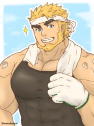 Rule 34 | 1boy, bara, bare shoulders, beard, black tank top, character request, covered abs, facial hair, grin, headband, large pectorals, live a hero, looking at viewer, pectoral cleavage, male focus, mature male, muscular, muscular male, notakurun, pectorals, short hair, sidepec, smile, solo, sparkle, tank top, thick eyebrows, towel, towel around neck, upper body