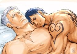 Rule 34 | 2boys, afterglow, back tattoo, bara, black hair, couple, facial hair, from side, goatee, kokorozashi, large pectorals, long sideburns, looking at viewer, lying, lying on person, male focus, mature male, multiple boys, muscular, muscular male, on back, on bed, one piece, pectorals, sanpaku, short hair, sideburns, smoker (one piece), stubble, tattoo, thick eyebrows, trafalgar law, white hair, yaoi