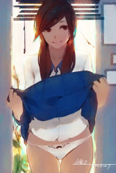 Rule 34 | 1girl, artist name, backlighting, blue skirt, brown eyes, brown hair, closed mouth, clothes lift, collared shirt, cowboy shot, dated, day, hair over shoulder, highres, hu dako, lifting own clothes, long hair, long sleeves, looking at viewer, original, panties, school uniform, shirt, skirt, skirt lift, smile, solo, sunlight, swept bangs, thigh gap, thighs, underwear, upskirt, white panties, white shirt, window, window blinds, window shutter