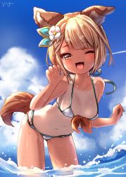 Rule 34 | 1girl, absurdres, animal ears, bare shoulders, bikini, blonde hair, blue sky, blush, breasts, brown eyes, claw pose, cloud, collarbone, commentary request, day, dog ears, dog girl, dog tail, flower, gluteal fold, granblue fantasy, hair flower, hair ornament, halterneck, highres, leaning forward, looking at viewer, medium breasts, navel, one-piece tan, one eye closed, open mouth, outdoors, short hair, sky, smile, solo, standing, string bikini, swimsuit, tail, tan, tanline, vajra (granblue fantasy), wading, water, wet, yufukiri