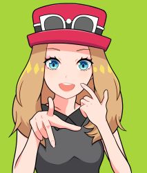 Rule 34 | 1girl, :d, absurdres, bad hands, bare arms, blue eyes, brown hair, collarbone, creatures (company), eyewear on headwear, game freak, green background, grey shirt, hat, highres, long hair, looking at viewer, nintendo, open mouth, pokemon, pokemon xy, red hat, serena (pokemon), shirt, simple background, sleeveless, sleeveless shirt, smile, solo, straight hair, tor (torkrub111), upper body, white-framed eyewear