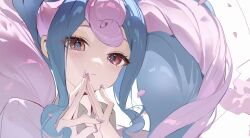 Rule 34 | 1girl, aqua hair, blush, cherry blossoms, closed mouth, creatures (company), eyelashes, fairy miku (project voltage), game freak, hatsune miku, highres, long hair, looking at viewer, multicolored hair, nail polish, neonneon321, nintendo, petals, pink hair, pokemon, portrait, project voltage, red eyes, sidelocks, simple background, solo, twintails, very long hair, vocaloid, white background