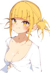 Rule 34 | 1girl, adjusting clothes, blonde hair, blunt bangs, blush, boku no hero academia, breasts, cleavage, closed mouth, collarbone, double bun, fang, hair bun, hand up, highres, large breasts, light smile, looking at viewer, messy hair, mole, mole on breast, rasusurasu, shirt, short hair with long locks, sidelocks, simple background, skin fang, sleeves past wrists, solo, straight hair, toga himiko, tsurime, upper body, v-shaped eyebrows, white background, white shirt, yellow eyes