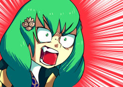 Rule 34 | 1girl, angry, emphasis lines, fire emblem, fire emblem: three houses, flayn (fire emblem), furious, green eyes, green hair, hair ornament, long hair, matching hair/eyes, nintendo, o o, open mouth, red background, setz, shouting, simple background, solo
