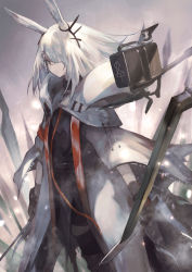 Rule 34 | 1girl, animal ears, arknights, black gloves, black pants, black shirt, coat, feet out of frame, frostnova (arknights), gloves, grey eyes, grey hair, hair ornament, hair over one eye, hairclip, highres, long hair, open clothes, open coat, pants, rabbit ears, scar, scar on face, scar on nose, shirataki jiro, shirt, solo, weapon, white coat