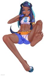 Rule 34 | 1girl, absurdres, barefoot, blue eyes, blue hair, cameltoe, cleft of venus, covered erect nipples, creatures (company), dark skin, erulon, feet, game freak, grin, hand on own knee, highres, jewelry, long hair, looking at viewer, multicolored hair, necklace, nessa (pokemon), nintendo, poke ball, pokemon, pokemon swsh, smile, soles, toes, two-tone hair