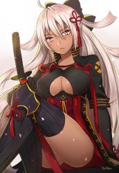 Rule 34 | 1girl, absurdres, ahoge, arm support, artist name, black bow, black thighhighs, bow, breasts, chromatic aberration, cleavage, cleavage cutout, closed mouth, clothing cutout, dark-skinned female, dark skin, fate/grand order, fate (series), frown, gradient background, grey eyes, hair between eyes, hair bow, hair ornament, highres, katana, large breasts, lips, long hair, okita souji (fate), okita souji alter (fate), silver hair, sitting, solo, sword, thighhighs, thighs, very long hair, weapon, yumyum