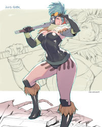 Rule 34 | 1girl, blue hair, boots, breasts, commentary, commission, elbow gloves, english commentary, gloves, battle angel alita, knee boots, knee pads, leotard, mace, medium breasts, mohawk, over shoulder, purple eyes, rejean dubois, robot ears, scarf, shrug (clothing), solo, strapless, strapless leotard, thighs, weapon, weapon over shoulder, zoom layer