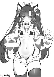 Rule 34 | 1girl, ahoge, animal ears, animal print, bell, bikini, breasts, choker, closed mouth, cow ears, cow horns, cow print, cowboy shot, crop top, cup, fake animal ears, fake horns, frown, greyscale, hairband, hand on own hip, highleg, highleg bikini, highres, holding, hood, hood down, horns, lily bloomerchen, long hair, long sleeves, looking at viewer, maett, medium breasts, micro shorts, midriff, monochrome, mug, navel, open fly, revealing clothes, short shorts, shorts, sketch, skindentation, solo, soulworker, standing, stomach, string bikini, sweatdrop, swimsuit, thighhighs, thighs, v-shaped eyebrows